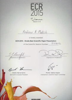 Wissenschaftliche Auszeichnungen VON MITARBEITERN DER RADIOLOGIE Verleihung des Felix Wachsmann-Preises 2013 Cum Laude Posterpreis beim Europäischen Röntgenkongress 2003 A.