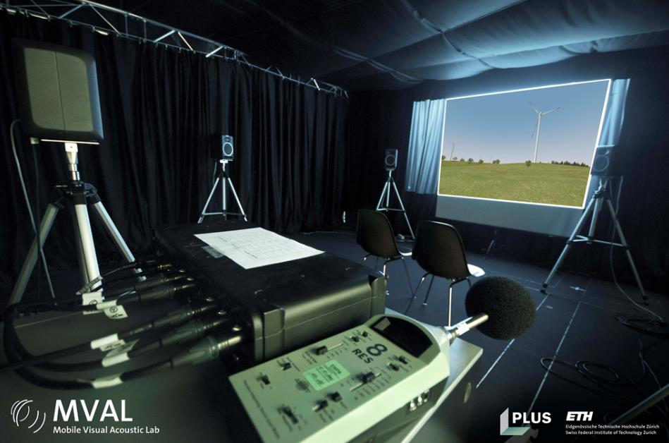3.4 Durchführung 3.4.1 Das Lab Die Vorführung der Simulationen findet im MVAL (Mobile Virtual Acoustic Lab) des PLUS an der ETH statt. In Abbildung 4 2 ist ein Bild des MVAL zu sehen.