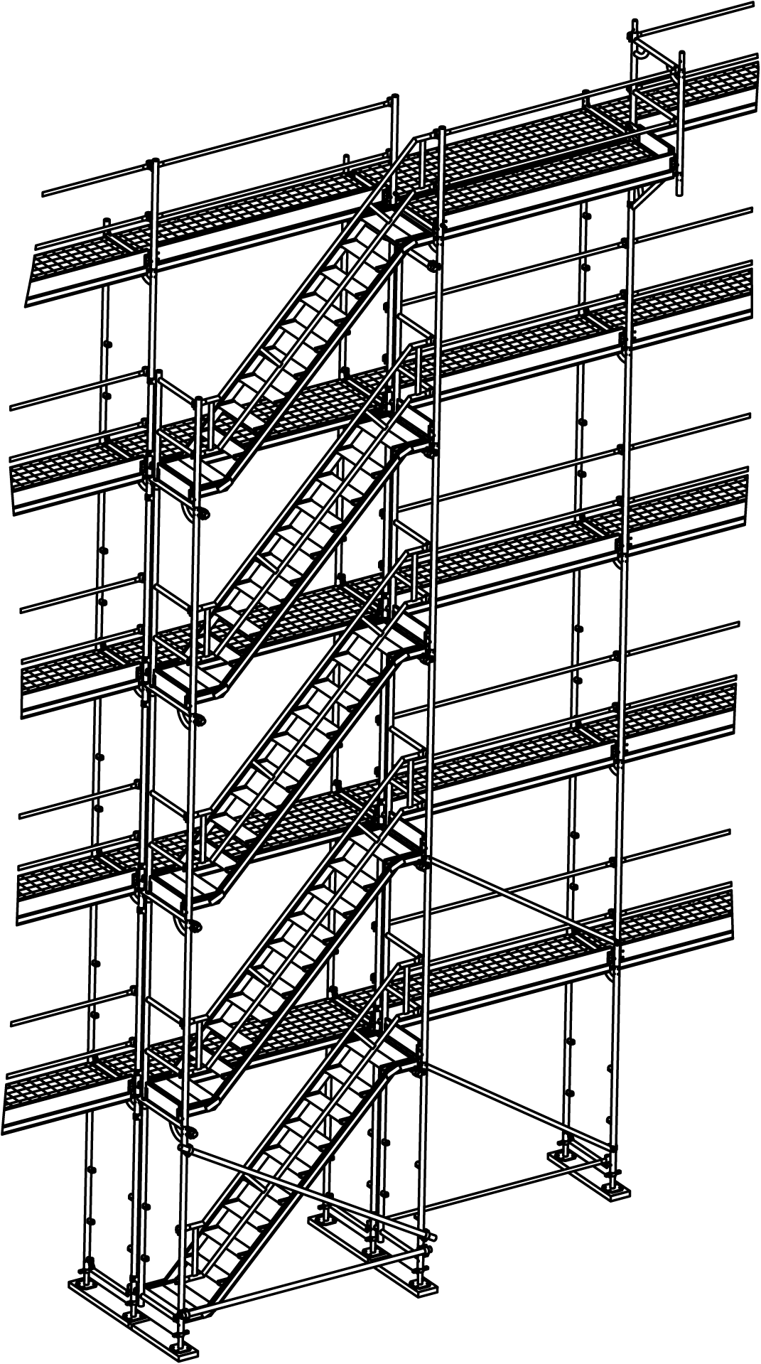 2.3.3.2 Vorgestellter Treppenturm Als Treppenturm wird ein Gerüstfeld mit 75 cm breiten Einstiegs und Eckrahmen (700124, 700100) mit Treppen (705501) und Treppengeländer (705556) vor dem Gerüst