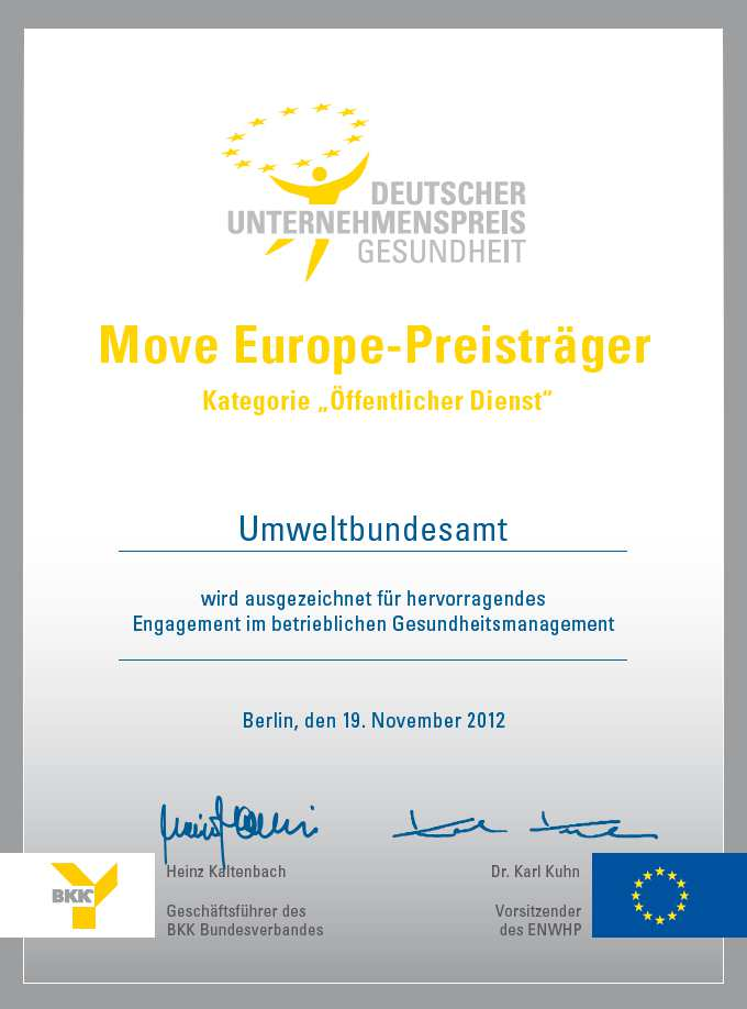 Deutscher Unternehmenspreis Gesundheit für das UBA 2012 Beeindruckt war die BKK-Jury vor allem von der "unternehmenspolitisch hervorragend verankerten BGM-Strategie 2015", die eng mit der