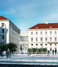 Das gesamte Gebäude verfügt über lichte Raumhöhen von 2,80 m. Weil die Decke zur Außenfassade hin zusätzlich nach oben Rendering Westfassade am Münchener Altstadtring: Offenheit und Transparenz.