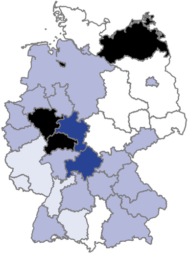 Regierungsbezirke finden sich in Klammern neben den Klasseneinteilungen in der Legende der entsprechenden Abbildung. 5.1 Übersichtskarten Die folgenden geographischen Karten (Abb.