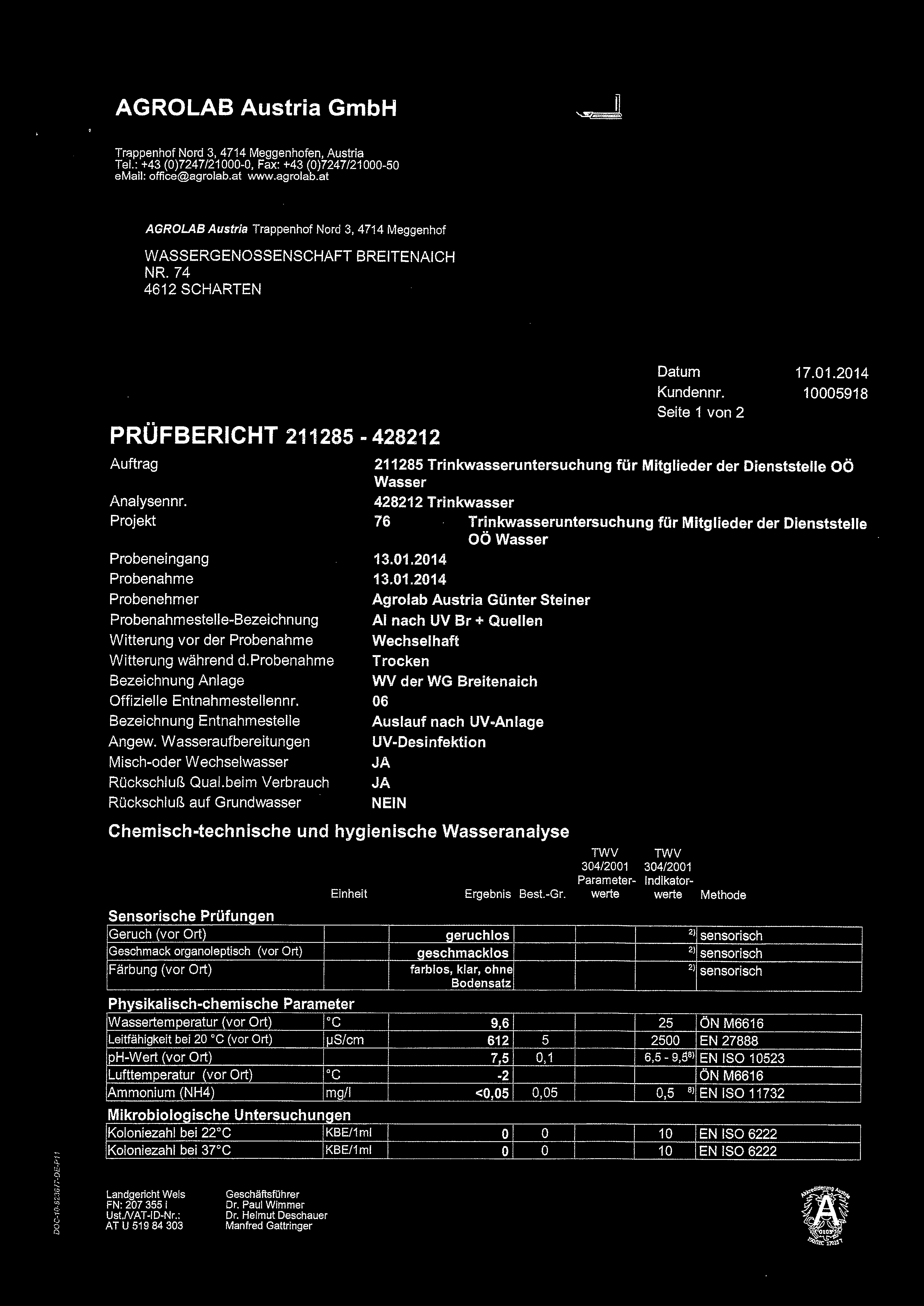 AGROLAB Austria GmbH G Tr::ippenhof Nord 3, 4714 Meggenhofen, Austria AGROLAB Austria Trappenhof Nord 3, 4714 Maggenhof WASSERGENOSSENSCHAFT BRETENACH NR.