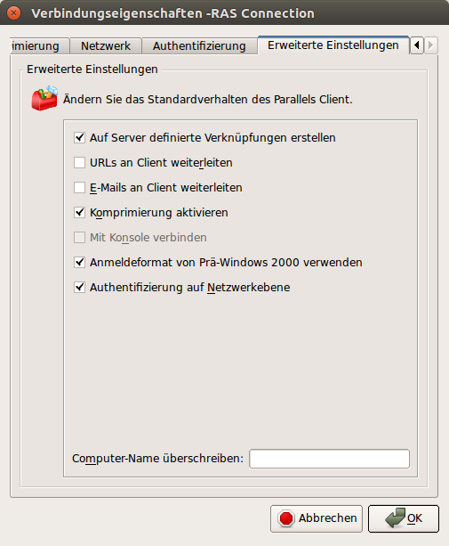 Erweiterte Einstellungen Über die Registerkarte Erweiterte Einstellungen können Sie das Standardverhalten von Parallels Client anpassen.