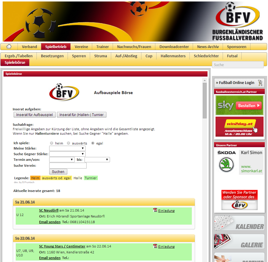 Aufbauspiele / Spielebörse BFV Homepage: