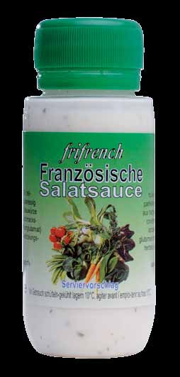 Salatsauce Französisch Französisch 500 ml 1000 ml Sonnenblumenöl 41%, teilentrahmte Milch, Kräuteressig (Weissweinessig, Kochsalz, Gewürzextrakte), pasteurisierte Eier (aus Bodenhaltung), Streuwürze