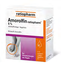 Amorolfin-ratiopharm 5 % Apothekenstempel Langzeitwirksam Anwendung nur 1x wöchentlich Tiefenwirkung durch Wirkstoff Amorolfin* * Quelle: Fachinformation Amorolfin-ratiopharm 5 % wirkstoffhaltiger