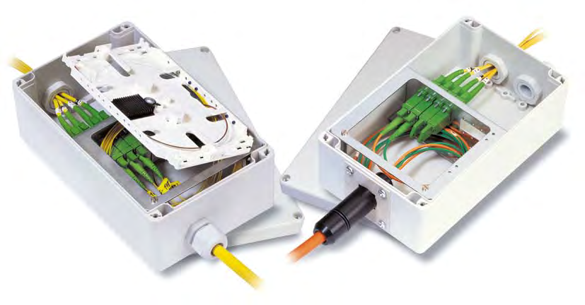 mini-universalbox Variante 2 Variante 1 mit PreCOnnECT FibER Trunk AnwendungsbereicHE Box für die Verbindung von wenigen Fasern bei fehlender Infrastruktur wie Verteilschränke, Wandverteiler,