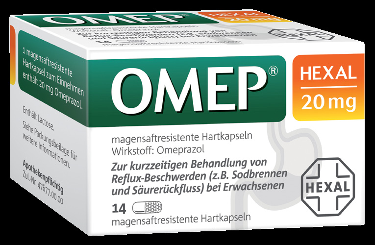 OMEP HEXAL 20 mg magensaftresistente Hartkapseln. Wirkstoff: Omeprazol.