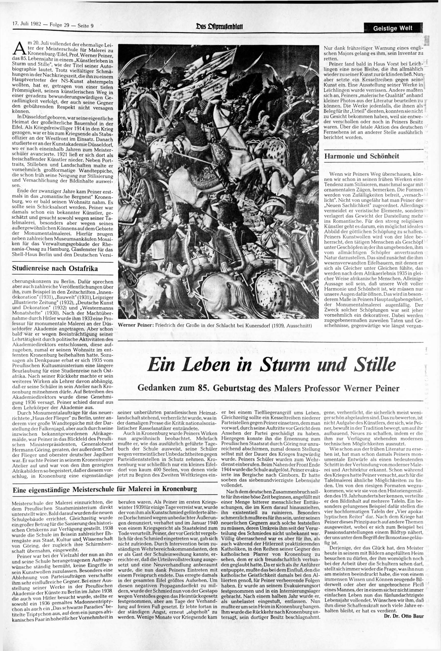 17. 1982 - Folge 29 - Seite 9 Das ßftjmulimblatt Geistige Welt Am 20. vollendet der ehemalige Leiter der Meisterschule für Malerei zu Kronenburg/Eifel, Prof. Werner Peiner, das 85.