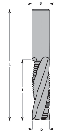 Schruppfräser mit positiv spiralgenuteten Schneiden Solid carbide spiral bits up cut Eigenschaften: Premiumqualitätsstahl, 4 positiv spiralgenutete Schneiden (2 mit Schruppzahnung) (Z2 + 2), max.