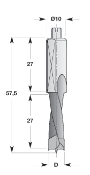Dübellochbohrer für Sacklöcher Standard Dowel drills Eigenschaften: Premiumqualitätsstahl, feinkristaline Spiralkörper (Z2) mit Zentrierspitze, negativ rundgeschliffene Vorschneider, Schaft mit