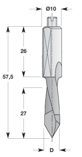 Dachspitz-Dübellochbohrer Standard Dowel drills for through holes Eigenschaften: Premiumqualitätsstahl, feinkristaline Spiralkörper (Z2) mit Zentrierspitze, negativ rundgeschliffene Vorschneider,