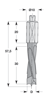 Dübellochbohrer Dowel drills Eigenschaften: Premiumqualitätsstahl, HW-massiv-Schneidkopf Zentrierspitze, 2 Schneiden (Z2), 2 negativ angeschliffene Vorschneider (V2), 4 Spiralnuten, Schaft mit