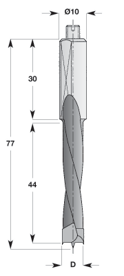 Dübellochbohrer Dowel drills Eigenschaften: Premiumqualitätsstahl, HW-massiv-Schneidkopf Zentrierspitze, 2 Schneiden (Z2), 2 negativ angeschliffene Vorschneider (V2), 2 Spiralnuten, Schaft mit