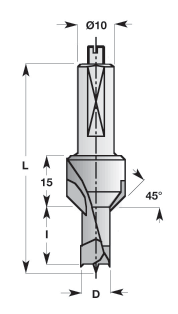 Dübellochbohrer mit Senker Dowel drills with countersink Eigenschaften: Premiumqualitätsstahl, Spiralteile in VHM mit Zentrierspitze, 2 Schneiden (Z2), 2 Spiralnuten, Schaft mit Spann fläche und