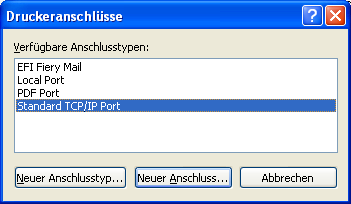 5 Windows 2000/XP/Server2003: Wählen Sie Standard TCP/IP Port und klicken Sie auf Neuer Anschluss.