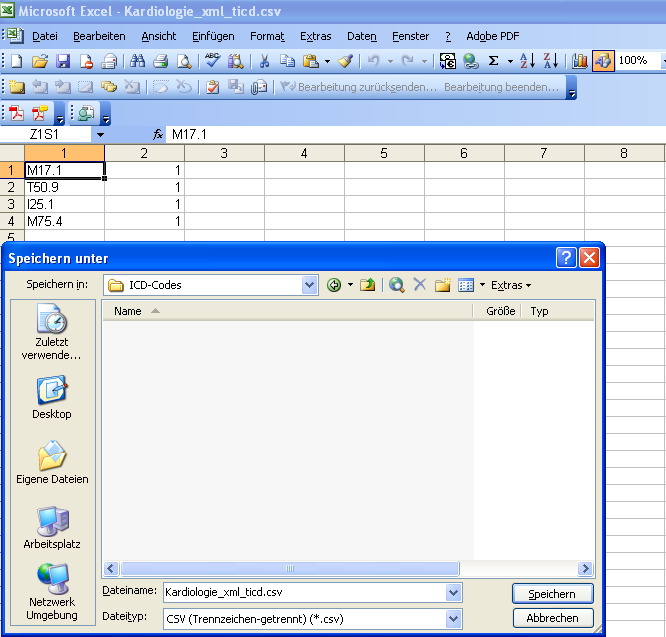 Format für die Excel-Datei (CSV-Format): ICD: ICD-Kodes (ICD-10 GM, Version 2012, endstellig) in Spalte 1 Fallzahlen in Spalte 2 (ohne Tausender-Trennzeichen) OPS: OPS-Kodes (OPS-301, Version 2012,