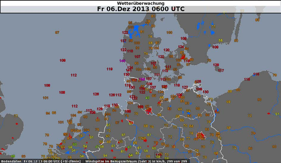 Abb. 4: Windspitzen (in km/h) im Bereich von Norddeutschland und angrenzenden Ländern. Oben: am 5. Dezember 2013 zwischen 12 und 18 UTC. Unten: am 6. Dezember 2013 zwischen 00 und 06 UTC.