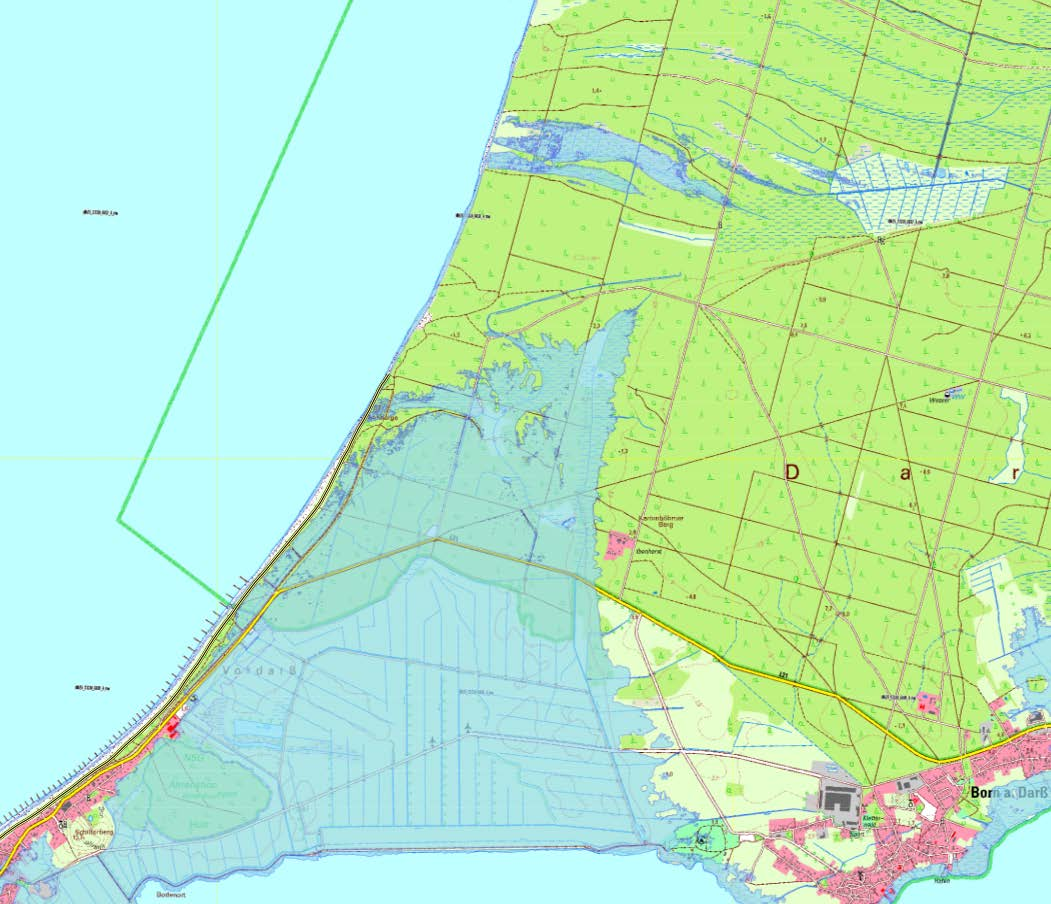 Hydrologie und Versalzung des Hinterlandes (WP4) Potenzielle Überschwemmungen nordöstlich von Ahrenshoop bei einem Wasserstand von 1,20 m NHN.