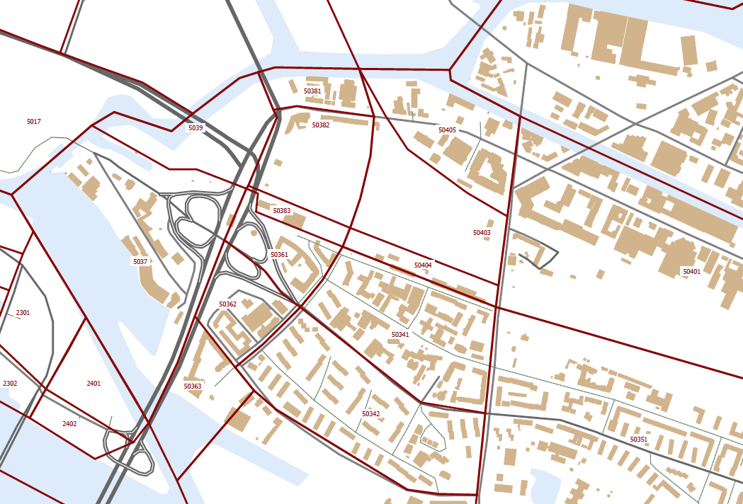 Abbildung 4: Bezirkseinteilung im verfeinerten Verkehrsmodell (Auszug Analysemodell 2011) Zur Darstellung des Prognosefalls wurde zunächst das Straßennetz in Anlehnung an den Masterplan Elbbrücken