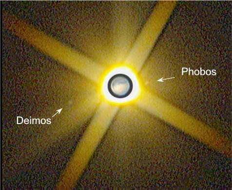 Abbildung 5: Mars mit Phobos und Deimos am 9.11.05 01:15-8 /1000mm-Newton mit 1.8x Barlow und Toucam Pro 740K Abbildung 6: Zum Vergleich: Mars mit Phobos und Deimos am 6.