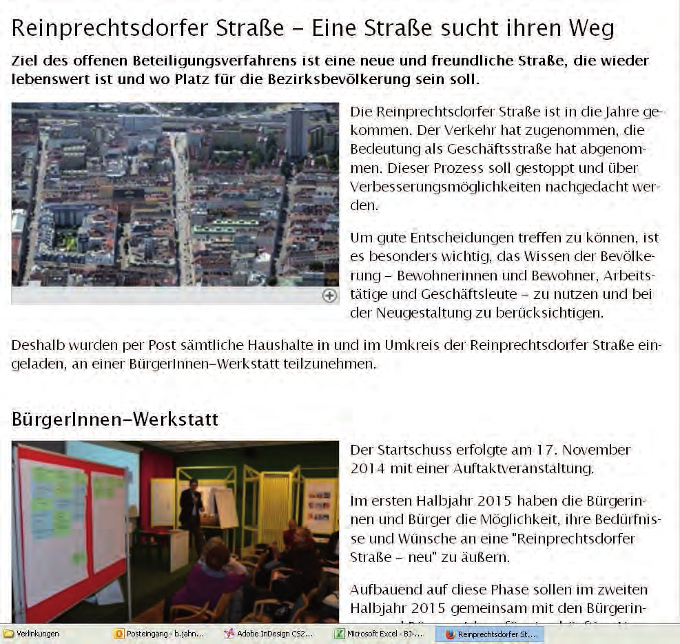 Homepage der Stadt Wien Phase 1 November 2014 Seitens der Stadt Wien wurde eine öffentlich zugängliche Homepage für den Prozess