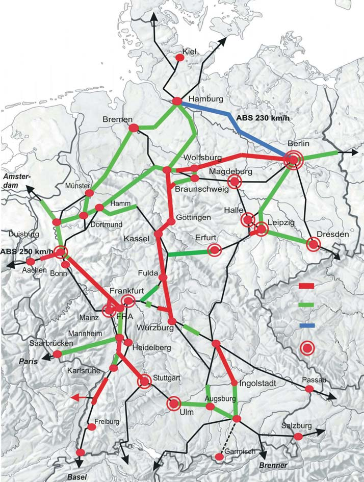 High speed network in Germany, 2008 NBS 2002 V max = 300 km/h High Speed only NBS 1991 V max = 250/280 km/h Mixed Traffix day: high-speed night: freight NBS 2002 V max = 300 km/h Mixed Traffic