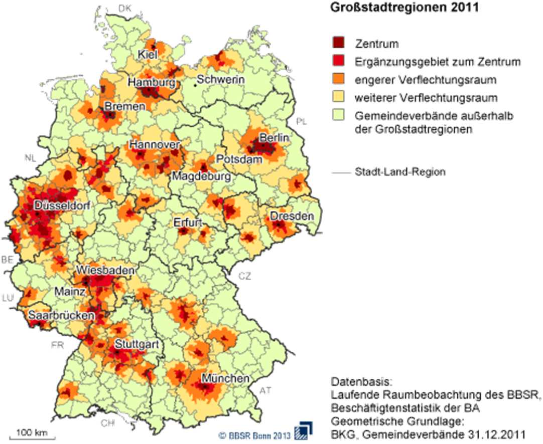 Deutsche Großstadtregionen (nach BBSR) Kriterium: Pendlerbewegungen der sozialversicherungspflichtig versicherten Beschäftigten Zentrum: (Tag-)Bevölkerung > 100.