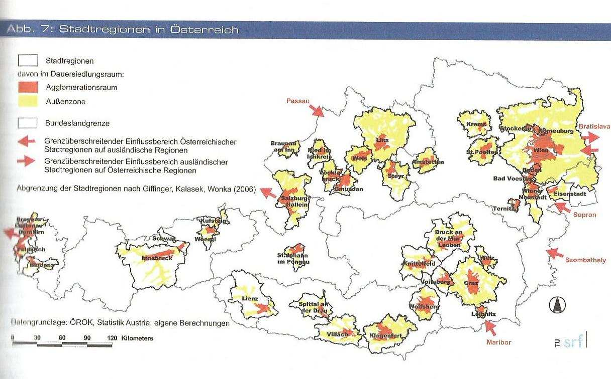 Stadtregionen in Österreich Stadtregion ist unterteilt in Agglomerationsraum (Kernsiedlungsgebiet und Ergänzungsgebiet) Außenzone