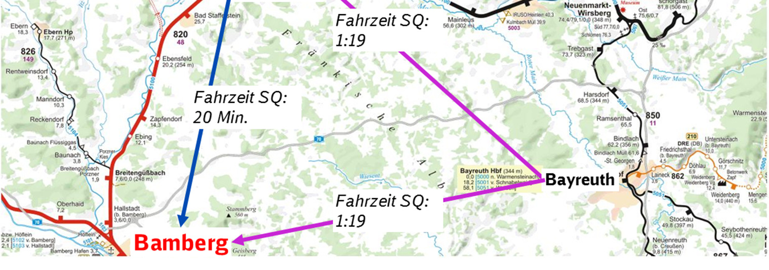 Bamberg Von Bayreuth und Lichtenfels im Nahverkehr etwa gleich schnell nach Bamberg oder Coburg Für Hauptreisestrom Richtung