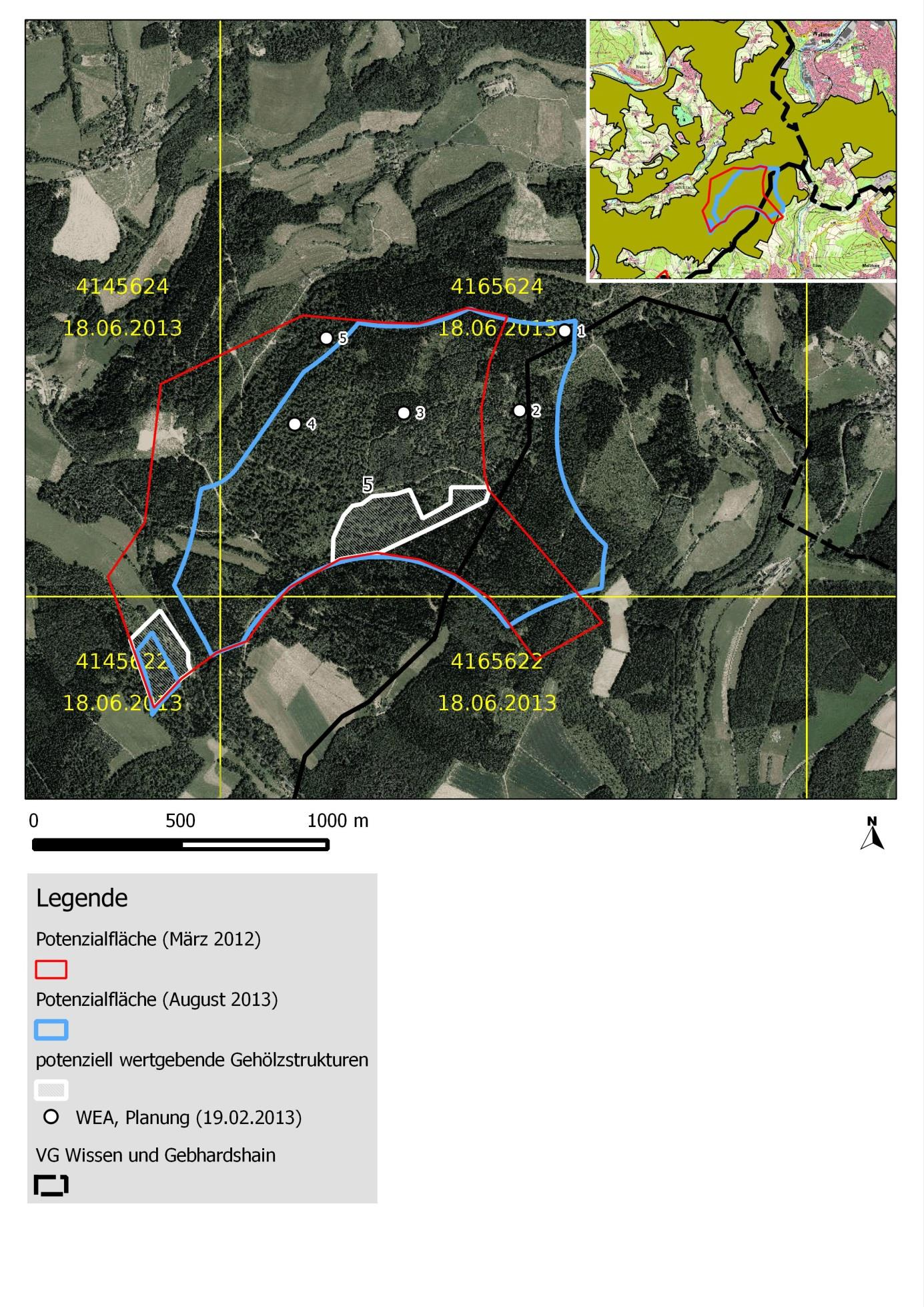Abb. 3: Lageplan sowie Luftbild der Potenzialfläche 5 mit Darstellung der Abgrenzung im März 2012 und August 2013.