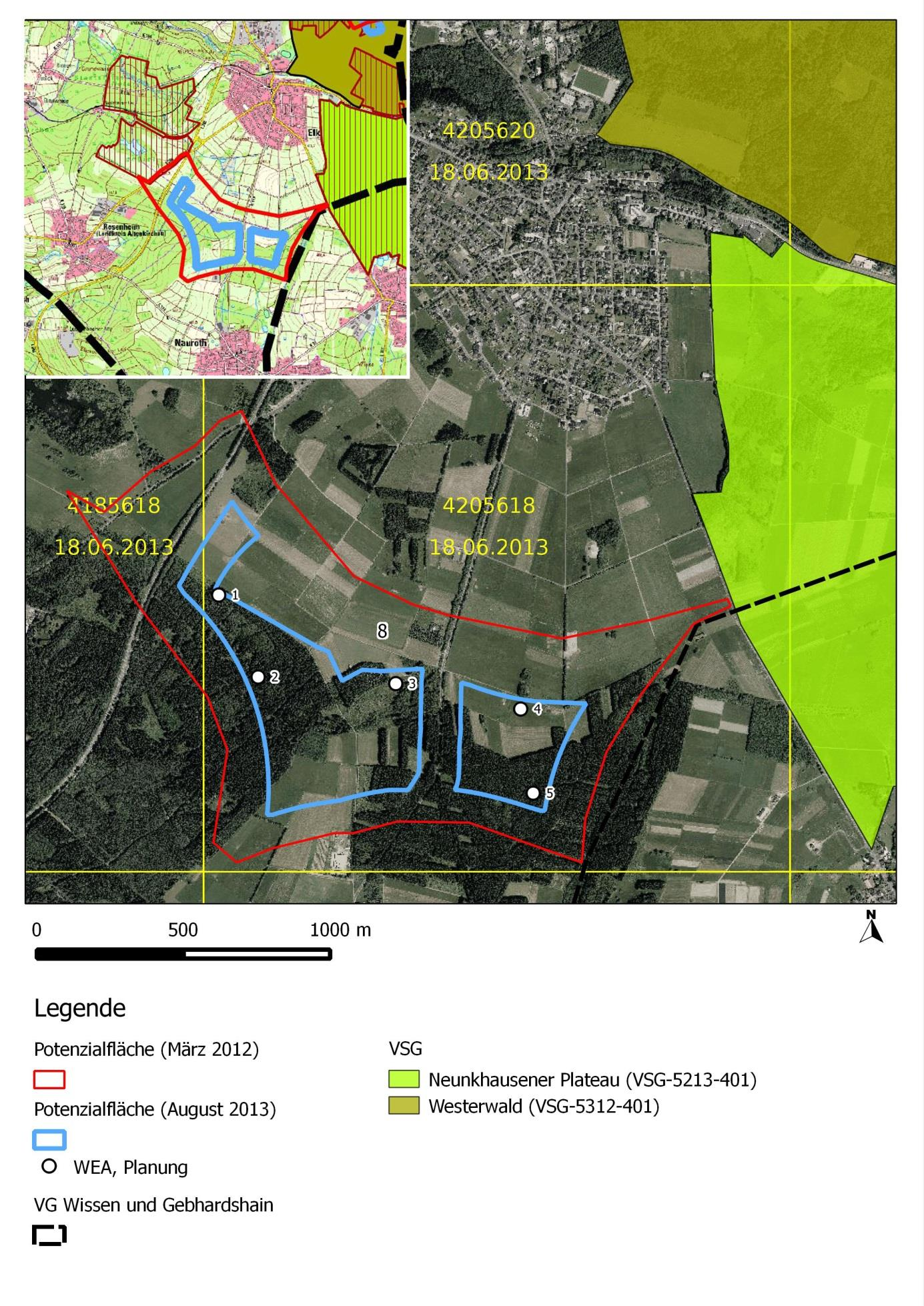 Abb. 6: Lageplan sowie Luftbild der Potenzialfläche 8 mit Darstellung der Abgrenzung im März 2012 und August 2013, sowie Darstellung einer
