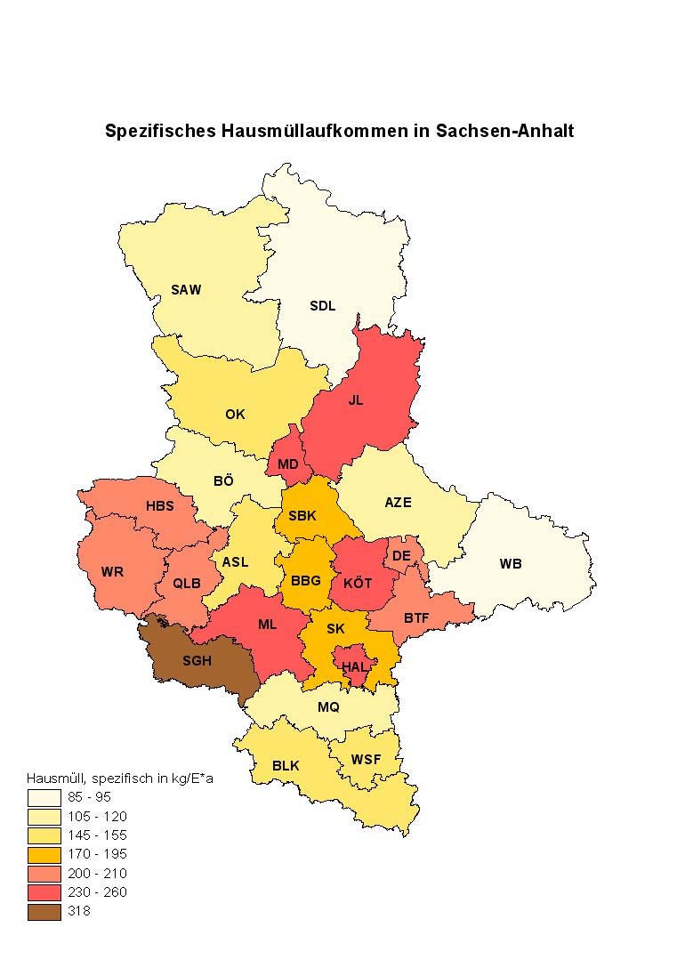 Abbildung 4: Verteilung des spezifischen Hausmüllaufkommens im Land Sachsen-Anhalt In Abbildung 4 ist die Verteilung des spezifischen