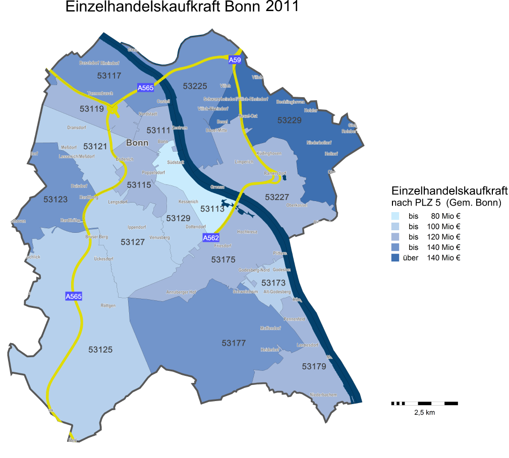 2011 verfügt die Bonner Bevölkerung über knapp 1,9 Mrd. Euro einzelhandelsrelevanter Kaufkraft, dies entspricht pro Kopf 5.839 Euro und damit knapp 10% mehr als im Bundesdurchschnitt (5.