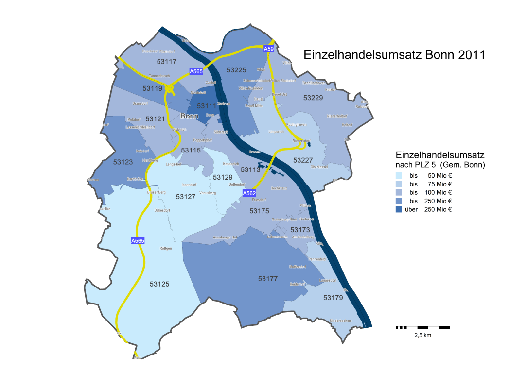 2011 beträgt der Einzelhandelsumsatz in der Stadt Bonn knapp 1,8 Mrd. Euro und bleibt damit knapp hinter der einzelhandelsrelevanten Kaufkraft (knapp 1,9 Mrd. Euro) zurück.