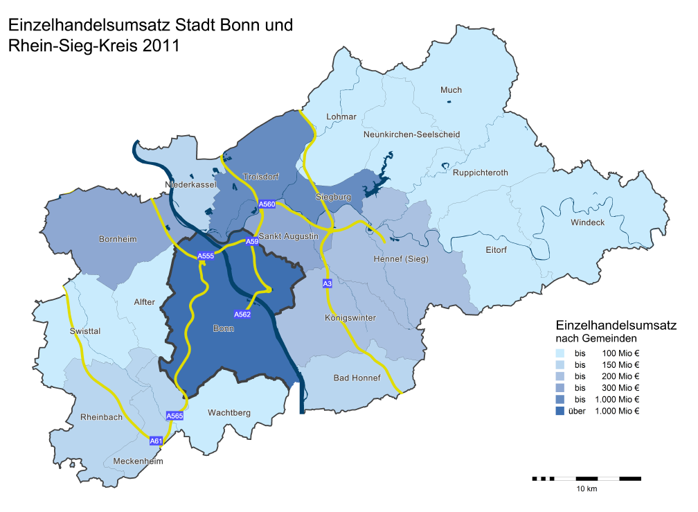 Seit 2005 ist der Umsatz im Rhein-Sieg-Kreis entgegen dem Landes- wie Bundestrend jahresdurchschnittlich um 1,12% gestiegen und setzt 2011 knapp 2,6 Mrd. Euro um. Die Städte Troisdorf (308,4 Mio.