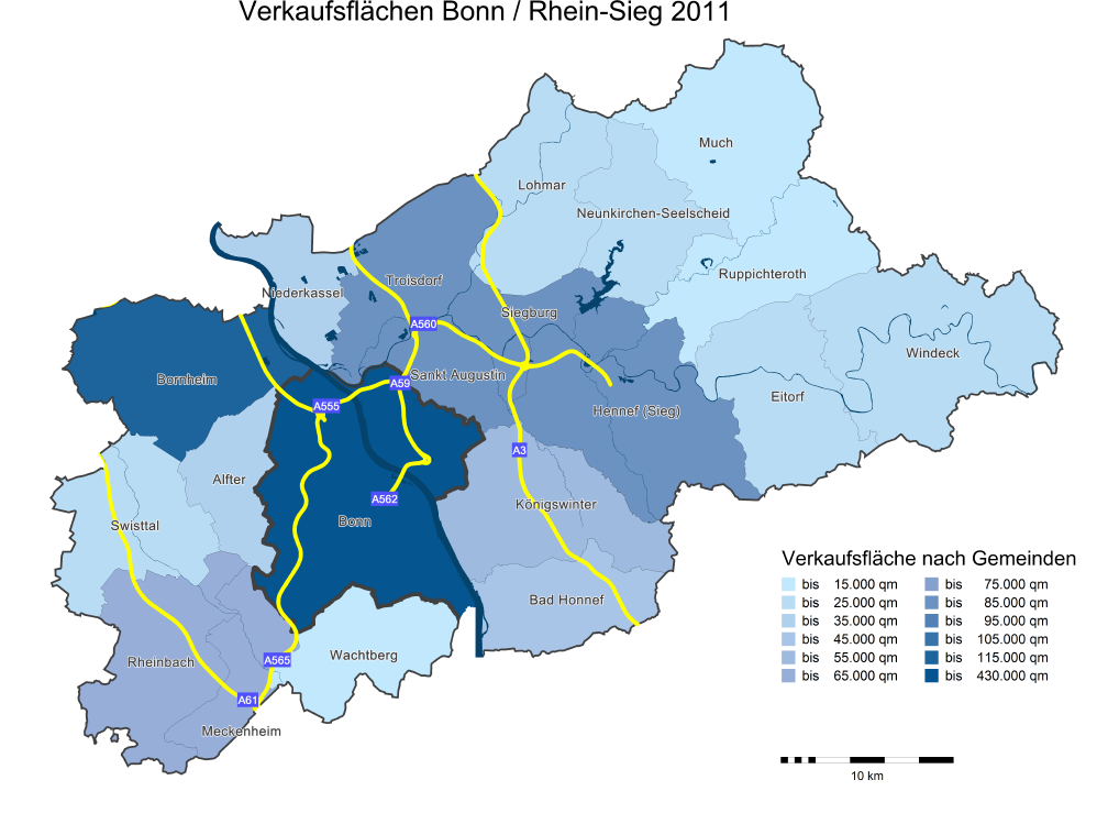 6 Verkaufsflächen in Bonn/Rhein-Sieg Für die nachfolgenden Angaben gilt der Stichtag 22. Juli 2011. Die Daten wurden den kommunalen Einzelhandels- und Zentrenkonzepten entnommen.