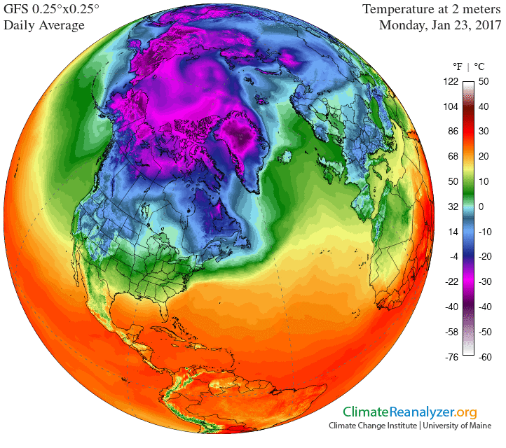Abb. 4: Mittlere Tagestemperatur in 2m Höhe am 23. Januar 2017 mit 1.200 km Extrapolation in der Arktis.