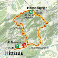12 panorama-wege Unterwegs am Hochhäderich Hittisau Entlang der Nagelfluh- Felswand am Hochhäderich Wanderkarte Bregenzerwald: Tour 3 Vom Hochhäderich hat man eine wunderbare Aussicht nach Norden ins