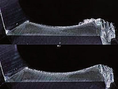 ) 50mm (urchgangsloch) Beispiel: Berarbeitung von legiertem Stahl 30HRC Aufgrund der hohen geschwindigkeit von 0.49mm/rev zeigte der Bohrer abnormalen und einen vorzeitiger Bruch.