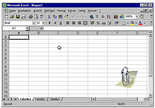 Die Elemente des Excel-Arbeitsbereiches Titelleiste Menüleiste Symbol- und Formatierungsleiste Bearbeitungsleiste Statuszeile Nach dem Starten von Excel sieht der Bildschirm in der Regel wie folgt