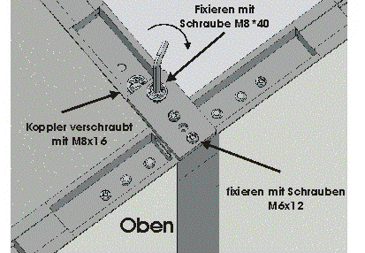 Im nächsten Schritt den Alu-T-Verbinder unten (1 Loch, geschlitzt) mit Hilfe des Stellfußes an der Trennwandsäule befestigen, die Schlitzöffnung zeigt in Richtung T-Anschluss.