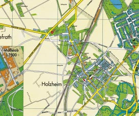 Die Straßenkarte von 1969: Holzheim noch ohne Autobahnanschluss. Die historischen Siedlungskerne Holzheim und Löveling sind optisch nicht mehr auszumachen.