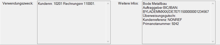 eines Buchungsvorschlages sind im unteren Bereich der zugehörige Verwendungszweck sowie weitere Informationen (z. B. Auftraggeber) sichtbar. Es ist nicht möglich, diese Angaben zu verändern.