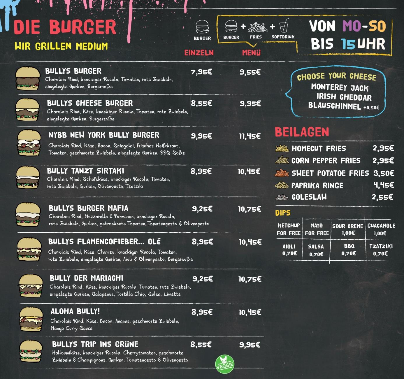 Die Speisekarte: Fokus auf exzellenten Geschmack Bei Bullys Burger steht guter Geschmack im Vordergrund.