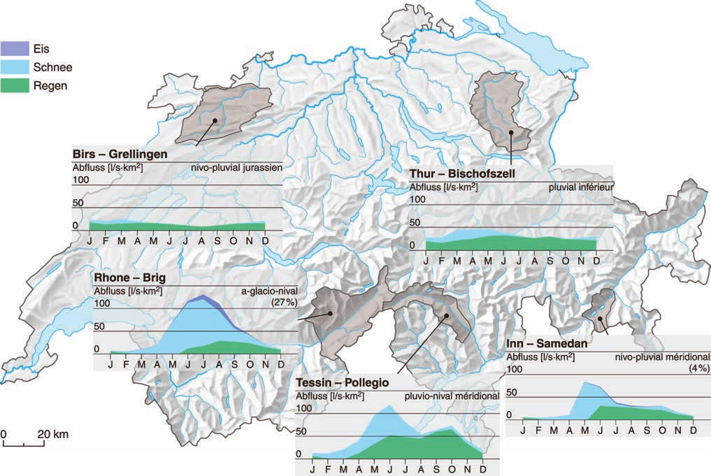 Abb. 3: Abflussregimes für fünf repräsentative Einzugsgebiete aus verschiedenen Regionen der Schweiz für die Periode 1984 bis 2005.