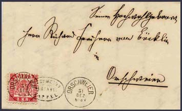 Mi. Nr. 24 Entwertung LETZTTAGSBRIEFE 31.12.1871 Bemerkung: Absender : Aus Orschweier/PA Kappel Ziel: Orschweier Marke : Mi. Nr. 24 Datum: 1871.