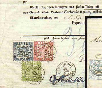 Zuschlag EUR 1.100,-- incl. Aufgeld Absender : Aus Orschweier/PA Rust Ziel: Kippenheim Marke : Mi. Nr. 23 + 24 + 25 Datum: 1869.02.19. Stempel : Nr. 2 schwarz, Nebenstempel Postablage Rust schwarz.