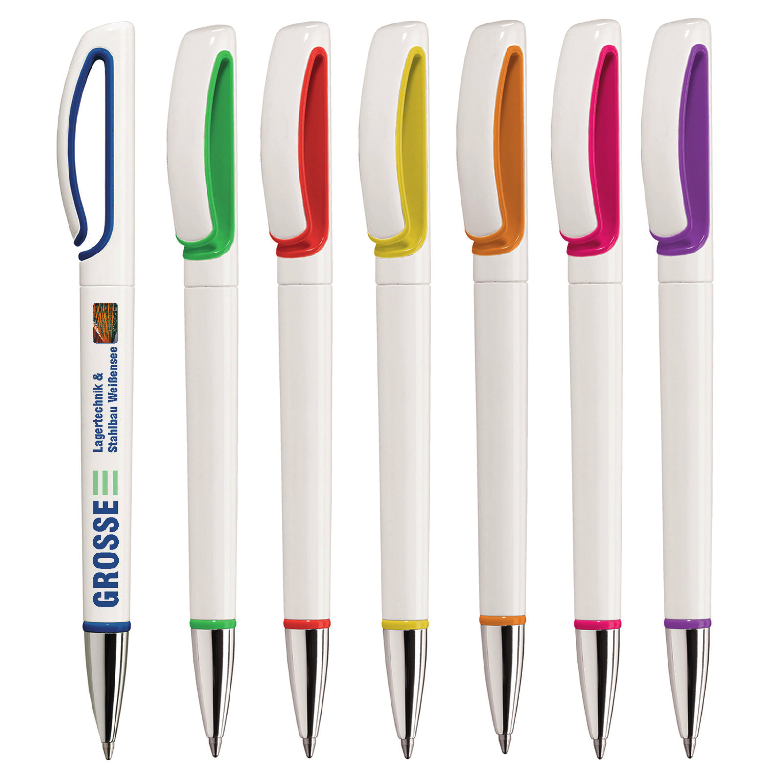 Der Kugelschreiber ist am sehr robusten Clip und an de Spitze farblich abgesetzt, die Spitze hat eine Chrome-Optik.